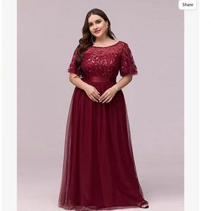 Ever Pretty Burgundy Round Neck Sequin A-Line Tulle Evening Party Dress Size 18